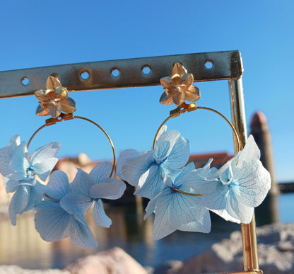 Boucles d'oreilles géométrique- cercle de pétales Rose et Bleu d'eau